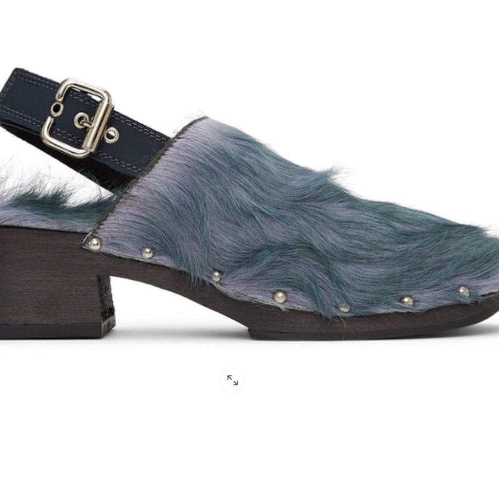 Miista Lana Faux Pony Hair Slingback Mules in Blue.